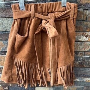 Mia Belle Girls Brown Fringe Suede Shorts